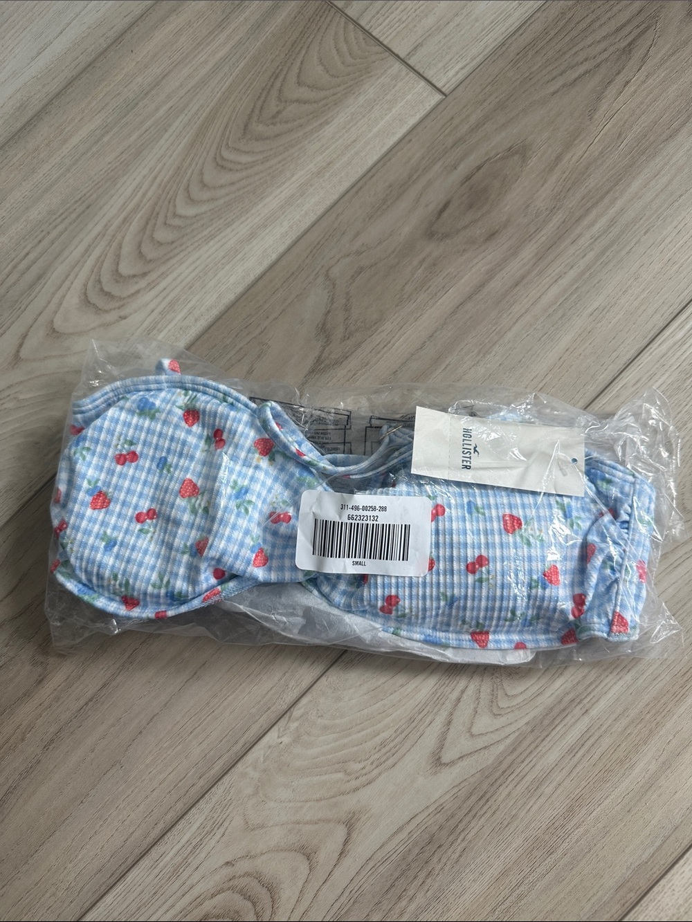 Hollister Light Blue Gingham Bikini Top with Red Strawberry Print